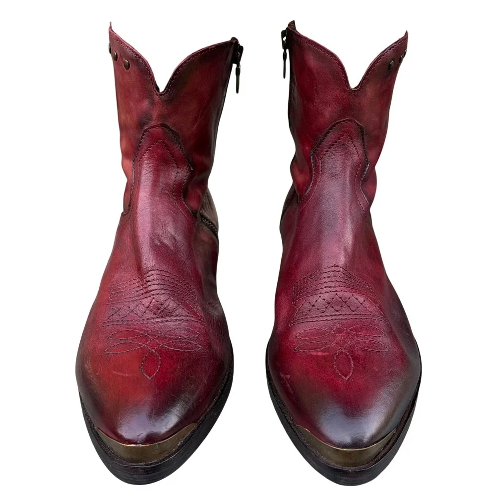 KBR Womens Italian Leather Ankle Cowgirl Boots 42 Burgundy Studded Metal Toe Cap
